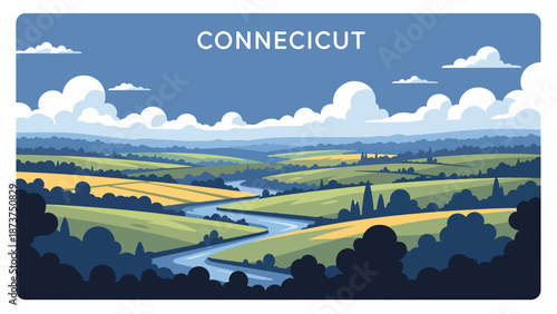 Flat vector illustration of Connecticut countryside with rolling hills, trees, small rivers, and calm rural scenery, clean outlines and solid colors for travel and lifestyle themes