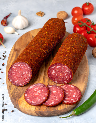 Traditional Smoked Salami Sausage Sliced on Wood Board with Ingredients
