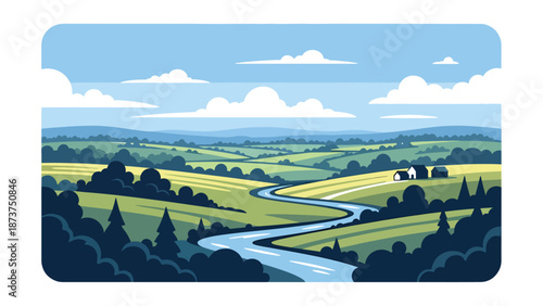Flat vector illustration of Connecticut countryside with rolling hills, trees, small rivers, and calm rural scenery, clean outlines and solid colors for travel and lifestyle themes
