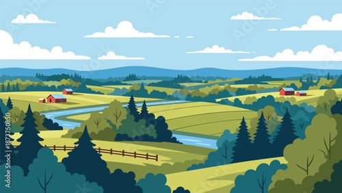 Flat vector illustration of Connecticut countryside with rolling hills, trees, small rivers, and calm rural scenery, clean outlines and solid colors for travel and lifestyle themes