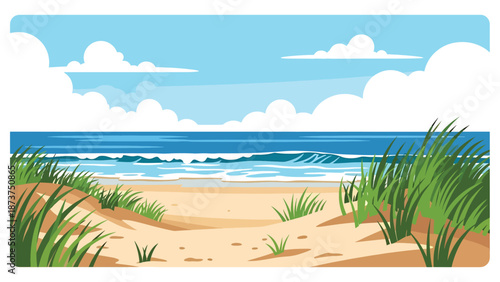Flat vector illustration of Delaware coastal landscape featuring sandy beaches, dunes, ocean horizon, and coastal grasses, simple seaside scenery in solid colors and clean lines