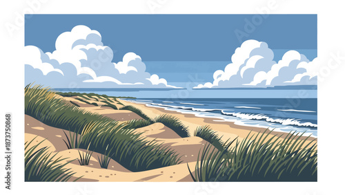 Flat vector illustration of Delaware coastal landscape featuring sandy beaches, dunes, ocean horizon, and coastal grasses, simple seaside scenery in solid colors and clean lines