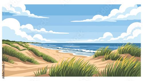 Flat vector illustration of Delaware coastal landscape featuring sandy beaches, dunes, ocean horizon, and coastal grasses, simple seaside scenery in solid colors and clean lines