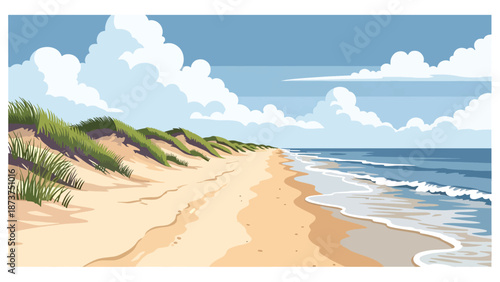 Flat vector illustration of Delaware coastal landscape featuring sandy beaches, dunes, ocean horizon, and coastal grasses, simple seaside scenery in solid colors and clean lines