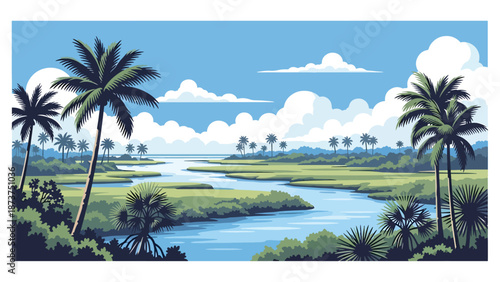 Flat vector illustration of Florida landscape with palm trees, wetlands, calm waterways, and sunny coastal atmosphere, tropical travel scenery in clean flat vector style