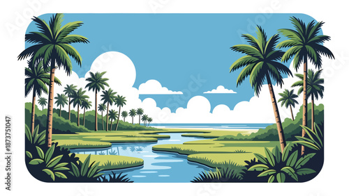 Flat vector illustration of Florida landscape with palm trees, wetlands, calm waterways, and sunny coastal atmosphere, tropical travel scenery in clean flat vector style
