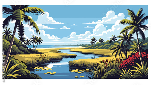 Flat vector illustration of Florida landscape with palm trees, wetlands, calm waterways, and sunny coastal atmosphere, tropical travel scenery in clean flat vector style