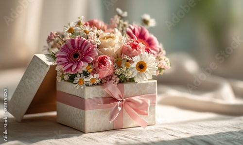 Beautiful Romantic Gift Box with Fresh Flowers for Special Day Still Life Composition