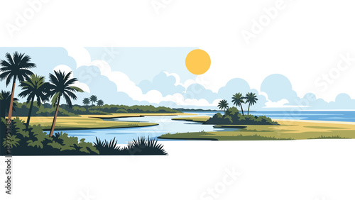 Flat vector illustration of Florida landscape with palm trees, wetlands, calm waterways, and sunny coastal atmosphere, tropical travel scenery in clean flat vector style