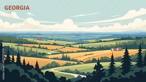 Flat vector illustration of Georgia countryside featuring rolling hills, forests, farmland, and winding roads, warm southern landscape rendered in solid colors and clean outlines