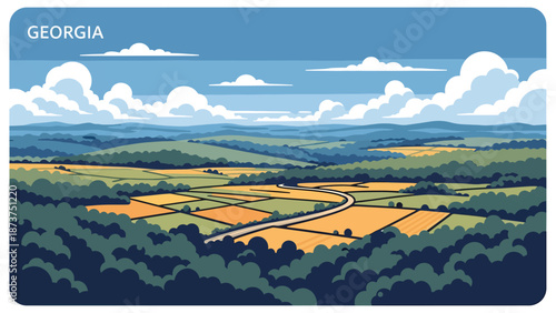 Flat vector illustration of Georgia countryside featuring rolling hills, forests, farmland, and winding roads, warm southern landscape rendered in solid colors and clean outlines