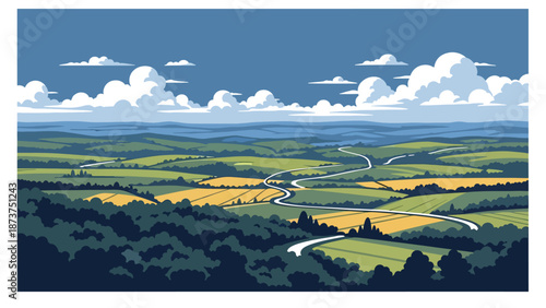 Flat vector illustration of Georgia countryside featuring rolling hills, forests, farmland, and winding roads, warm southern landscape rendered in solid colors and clean outlines