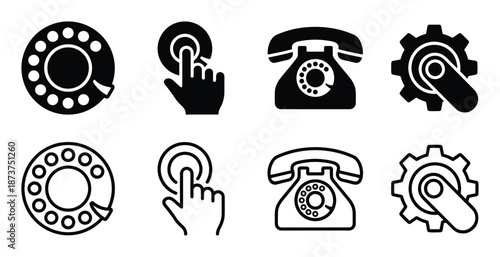 Phone dialer, finger touch, gear adjustment vector icons. Line and solid black illustration