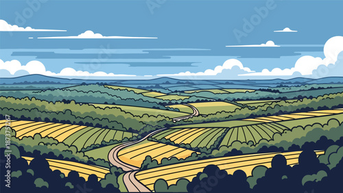 Flat vector illustration of Georgia countryside featuring rolling hills, forests, farmland, and winding roads, warm southern landscape rendered in solid colors and clean outlines