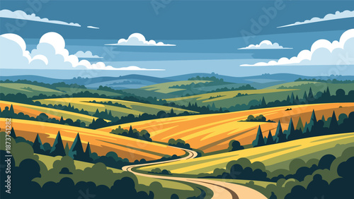 Flat vector illustration of Georgia countryside featuring rolling hills, forests, farmland, and winding roads, warm southern landscape rendered in solid colors and clean outlines
