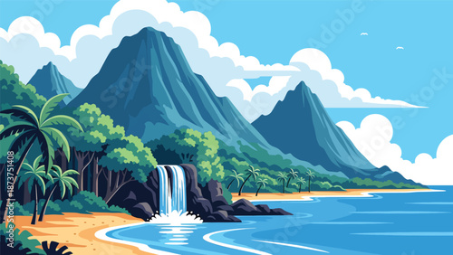 Flat vector illustration of Hawaii tropical landscape with volcanic mountains, waterfalls, lush forests, palm trees, and ocean coastline, vibrant island scenery in solid colors