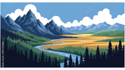 Flat vector illustration of Idaho wilderness landscape featuring rugged mountains, winding rivers, pine forests, and open plains, peaceful natural scenery in flat solid colors