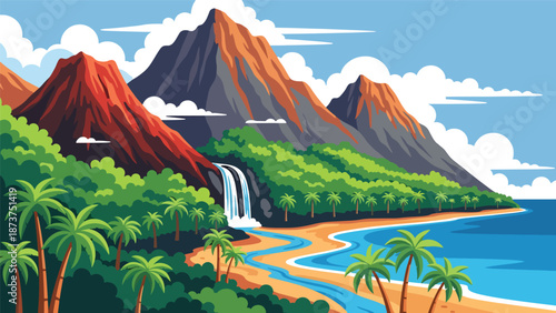 Flat vector illustration of Hawaii tropical landscape with volcanic mountains, waterfalls, lush forests, palm trees, and ocean coastline, vibrant island scenery in solid colors