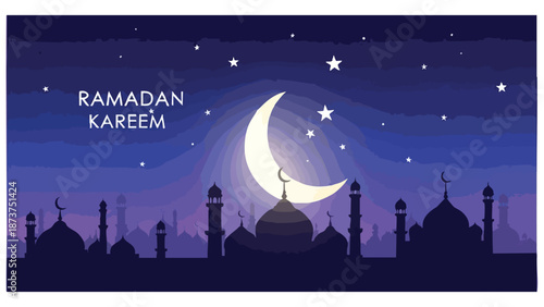 Vector illustration of a Ramadan Kareem background with a mosque silhouette under a crescent moon and stars, conveying a peaceful and spiritual mood.