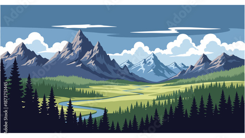 Flat vector illustration of Idaho wilderness landscape featuring rugged mountains, winding rivers, pine forests, and open plains, peaceful natural scenery in flat solid colors