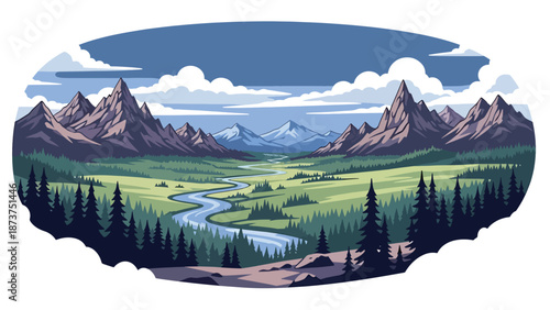 Flat vector illustration of Idaho wilderness landscape featuring rugged mountains, winding rivers, pine forests, and open plains, peaceful natural scenery in flat solid colors