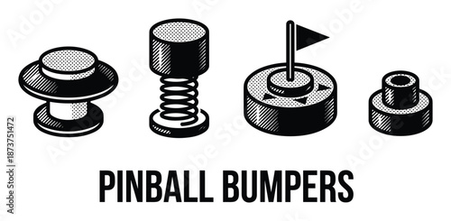 Pinball bumpers types set vector illustration for pinball machine games or arcade entertainment.