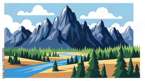 Flat vector illustration of Idaho wilderness landscape featuring rugged mountains, winding rivers, pine forests, and open plains, peaceful natural scenery in flat solid colors