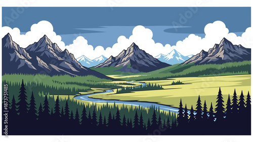 Flat vector illustration of Idaho wilderness landscape featuring rugged mountains, winding rivers, pine forests, and open plains, peaceful natural scenery in flat solid colors