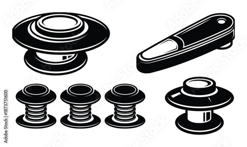 Pinball Parts Isolated Black And White Style, Flippers, Posts and Bumper Caps