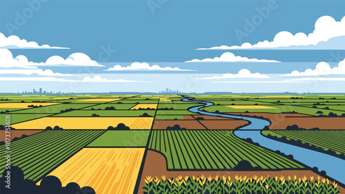 Flat vector illustration of Illinois landscape with farmland, cornfields, rivers, and expansive skies, classic Midwestern agricultural scenery in clean flat vector style