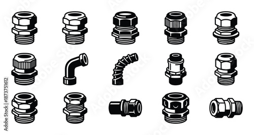 Pipes and Conduit Connectors Variety Vector Illustration Black and White