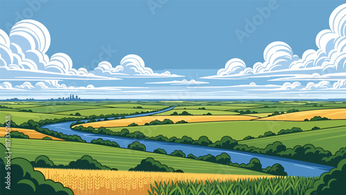 Flat vector illustration of Indiana countryside featuring farms, barns, fields, tree lines, and calm rivers, peaceful Midwestern landscape in solid colors and clean outlines