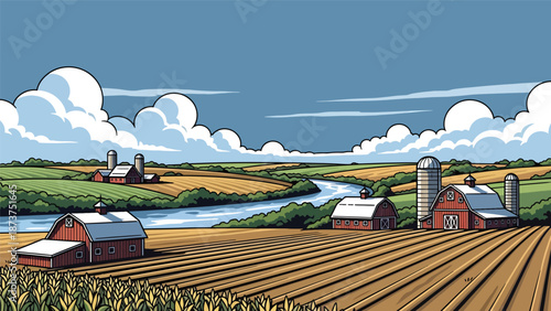 Flat vector illustration of Indiana countryside featuring farms, barns, fields, tree lines, and calm rivers, peaceful Midwestern landscape in solid colors and clean outlines