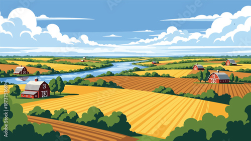 Flat vector illustration of Indiana countryside featuring farms, barns, fields, tree lines, and calm rivers, peaceful Midwestern landscape in solid colors and clean outlines