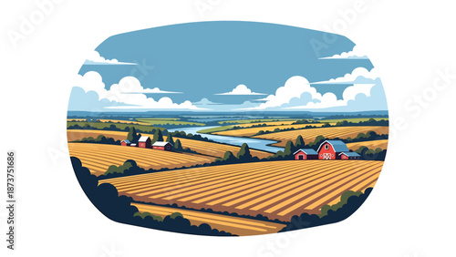 Flat vector illustration of Indiana countryside featuring farms, barns, fields, tree lines, and calm rivers, peaceful Midwestern landscape in solid colors and clean outlines