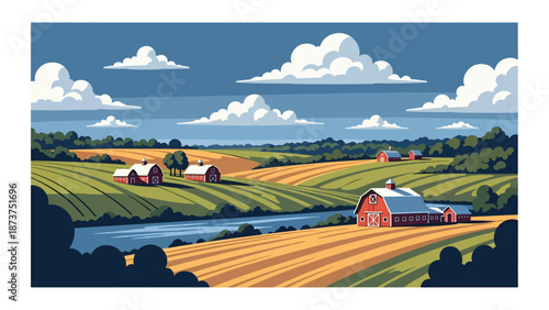 Flat vector illustration of Indiana countryside featuring farms, barns, fields, tree lines, and calm rivers, peaceful Midwestern landscape in solid colors and clean outlines