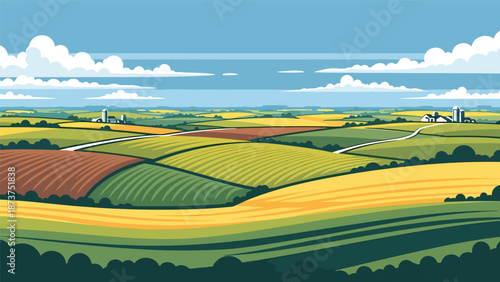 Flat vector illustration of Iowa agricultural landscape with rolling crop fields, gentle hills, farm roads, and wide skies, heartland scenery in solid flat colors