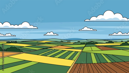 Flat vector illustration of Iowa agricultural landscape with rolling crop fields, gentle hills, farm roads, and wide skies, heartland scenery in solid flat colors