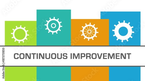 Continuous Improvement Gears Colorful Vertical Boxes Moving Rotating Text 