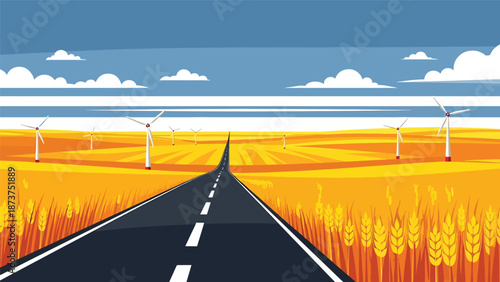 Flat vector illustration of Kansas plains featuring golden wheat fields, windmills, long roads, and big skies, iconic open prairie scenery in clean solid colors