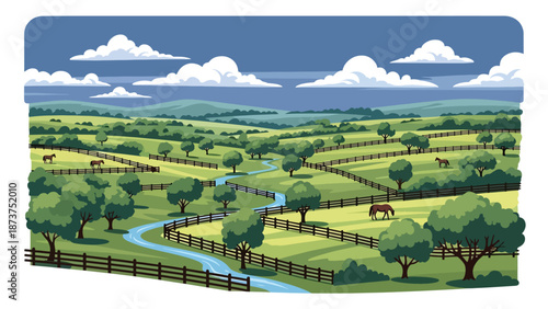 Flat vector illustration of Kentucky landscape with rolling green hills, horse pastures, wooden fences, and winding streams, countryside charm in solid flat vector style