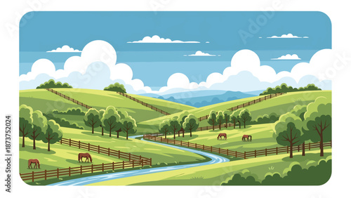 Flat vector illustration of Kentucky landscape with rolling green hills, horse pastures, wooden fences, and winding streams, countryside charm in solid flat vector style