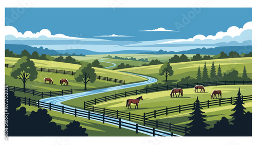 Flat vector illustration of Kentucky landscape with rolling green hills, horse pastures, wooden fences, and winding streams, countryside charm in solid flat vector style