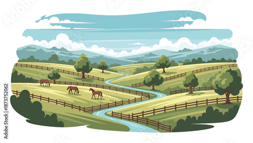 Flat vector illustration of Kentucky landscape with rolling green hills, horse pastures, wooden fences, and winding streams, countryside charm in solid flat vector style