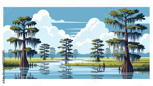 Flat vector illustration of Louisiana bayou landscape with wetlands, cypress trees, calm waterways, and southern swamp atmosphere, natural scenery in solid colors
