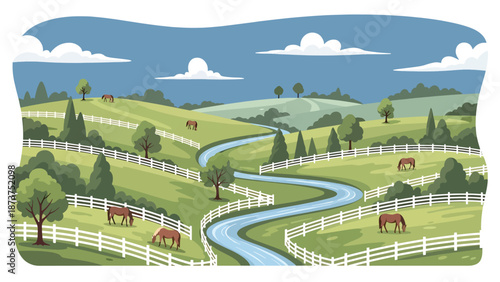 Flat vector illustration of Kentucky landscape with rolling green hills, horse pastures, wooden fences, and winding streams, countryside charm in solid flat vector style