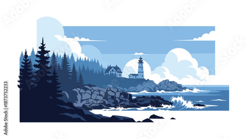 Flat vector illustration of Maine coastline with rocky shores, pine forests, ocean waves, and lighthouse silhouette, rugged northeastern scenery in solid flat colors