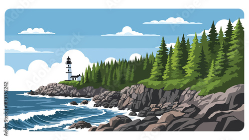 Flat vector illustration of Maine coastline with rocky shores, pine forests, ocean waves, and lighthouse silhouette, rugged northeastern scenery in solid flat colors