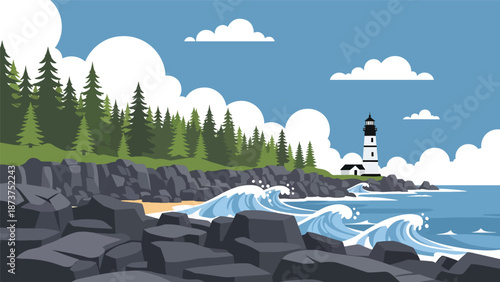 Flat vector illustration of Maine coastline with rocky shores, pine forests, ocean waves, and lighthouse silhouette, rugged northeastern scenery in solid flat colors