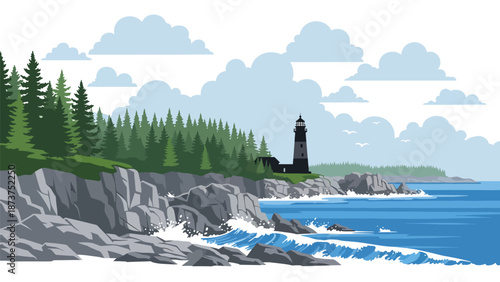 Flat vector illustration of Maine coastline with rocky shores, pine forests, ocean waves, and lighthouse silhouette, rugged northeastern scenery in solid flat colors